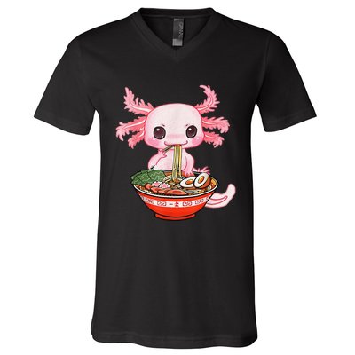 Kawaii Axolotl Eating Ra Noodles Anime Gift V-Neck T-Shirt