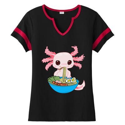 Kawaii Axolotl Eating Ra Noodles Anime Ladies Halftime Notch Neck Tee