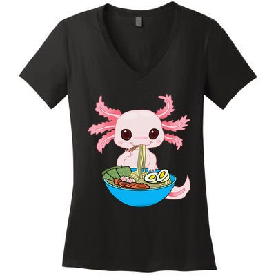 Kawaii Axolotl Eating Ra Noodles Anime Women's V-Neck T-Shirt