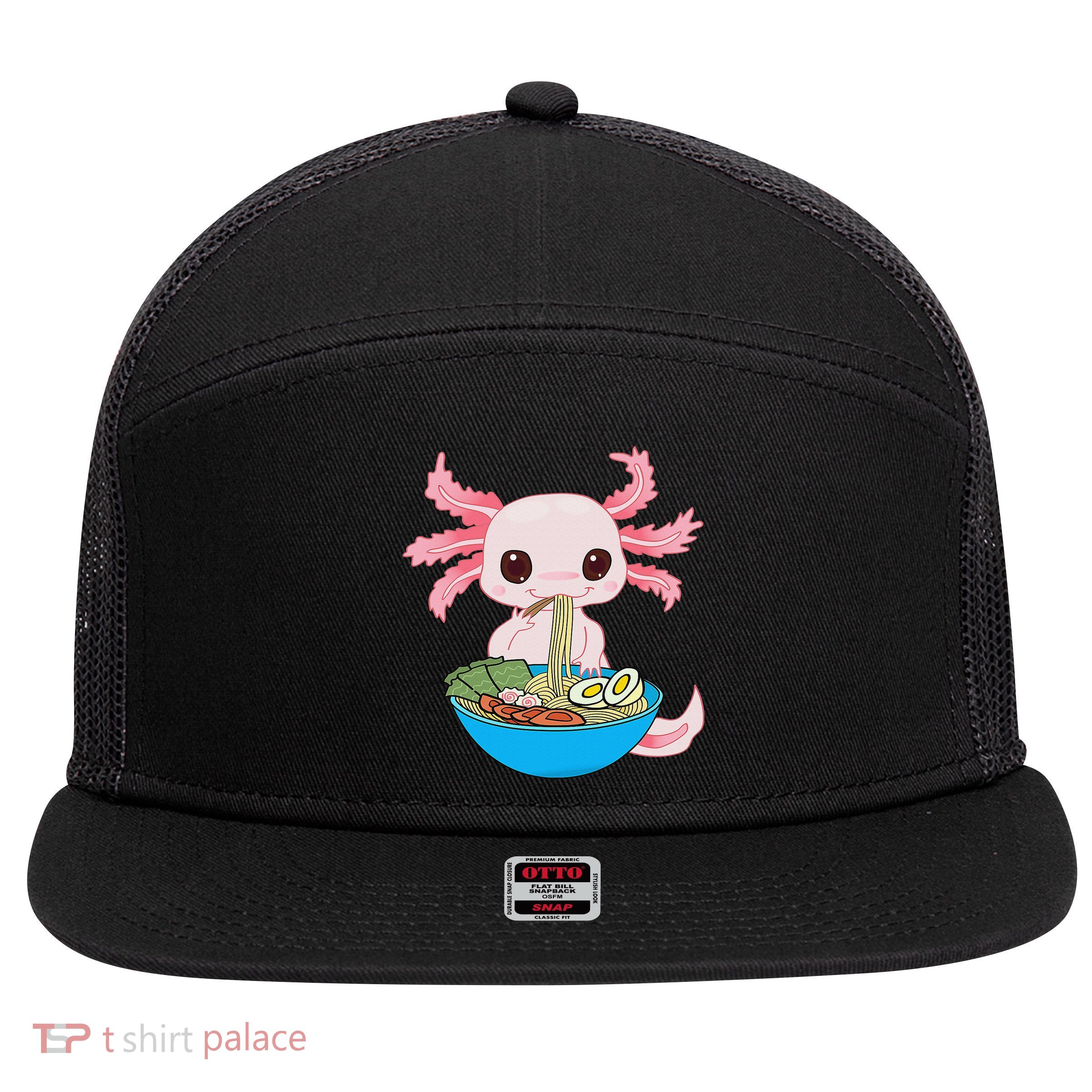 Kawaii Axolotl Eating Ra Noodles Anime  7 Panel Mesh Trucker Snapback Hat