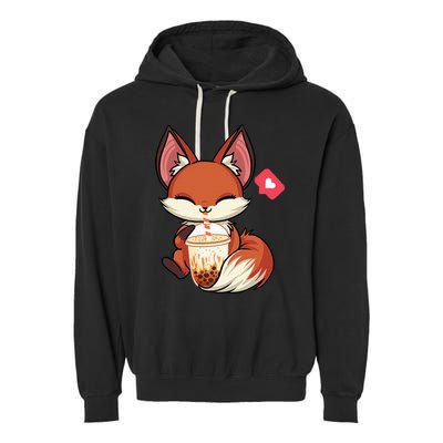 Kawaii Anime Fox Drinking Boba Bubble Tea Japanese Gift Girl Garment-Dyed Fleece Hoodie