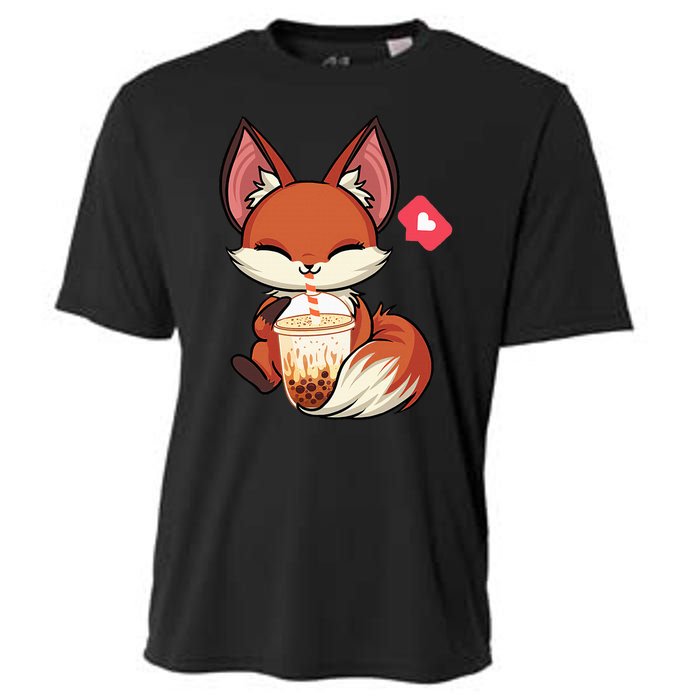 Kawaii Anime Fox Drinking Boba Bubble Tea Japanese Gift Girl Cooling Performance Crew T-Shirt