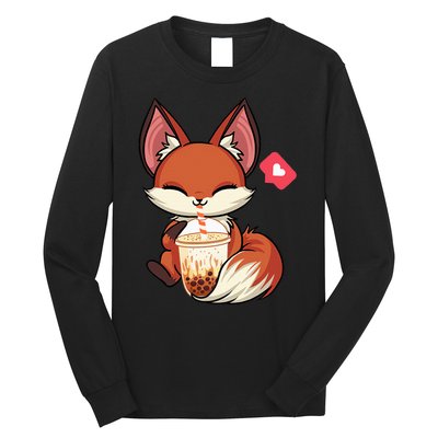 Kawaii Anime Fox Drinking Boba Bubble Tea Japanese Gift Girl Long Sleeve Shirt