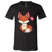 Kawaii Anime Fox Drinking Boba Bubble Tea Japanese Gift Girl V-Neck T-Shirt