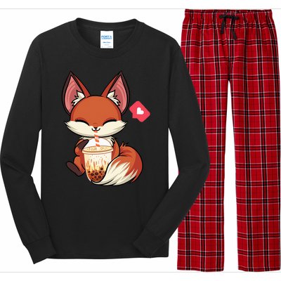 Kawaii Anime Fox Drinking Boba Bubble Tea Japanese Gift Girl Long Sleeve Pajama Set