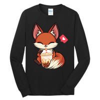 Kawaii Anime Fox Drinking Boba Bubble Tea Japanese Gift Girl Tall Long Sleeve T-Shirt