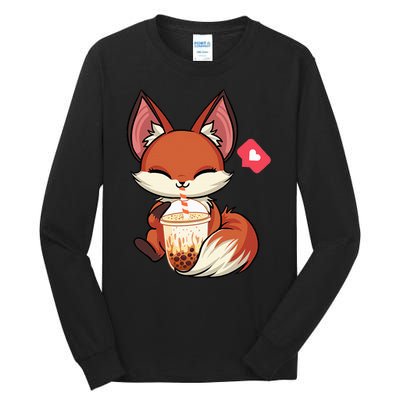 Kawaii Anime Fox Drinking Boba Bubble Tea Japanese Gift Girl Tall Long Sleeve T-Shirt