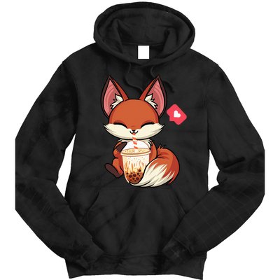 Kawaii Anime Fox Drinking Boba Bubble Tea Japanese Gift Girl Tie Dye Hoodie