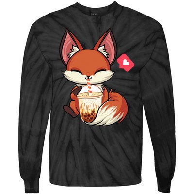 Kawaii Anime Fox Drinking Boba Bubble Tea Japanese Gift Girl Tie-Dye Long Sleeve Shirt