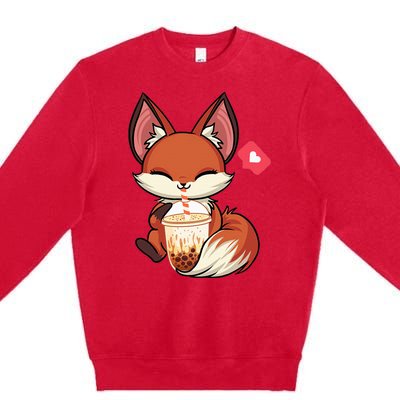 Kawaii Anime Fox Drinking Boba Bubble Tea Japanese Gift Girl Premium Crewneck Sweatshirt