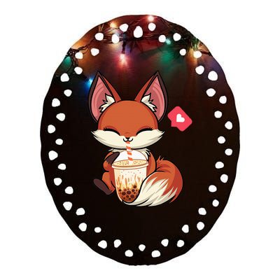 Kawaii Anime Fox Drinking Boba Bubble Tea Japanese Gift Girl Ceramic Oval Ornament