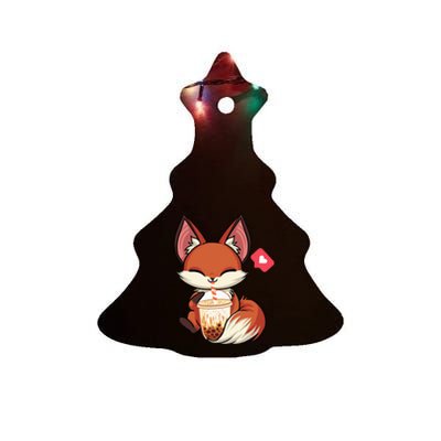 Kawaii Anime Fox Drinking Boba Bubble Tea Japanese Gift Girl Ceramic Tree Ornament