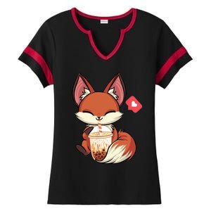 Kawaii Anime Fox Drinking Boba Bubble Tea Japanese Gift Ladies Halftime Notch Neck Tee