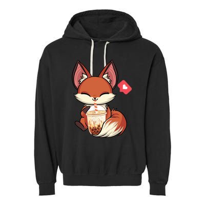 Kawaii Anime Fox Drinking Boba Bubble Tea Japanese Gift Garment-Dyed Fleece Hoodie