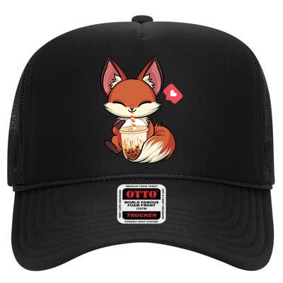 Kawaii Anime Fox Drinking Boba Bubble Tea Japanese Gift High Crown Mesh Back Trucker Hat