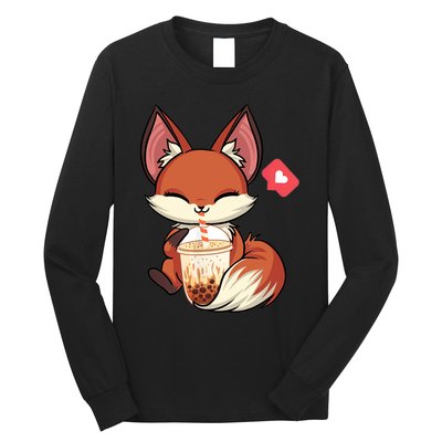 Kawaii Anime Fox Drinking Boba Bubble Tea Japanese Gift Long Sleeve Shirt