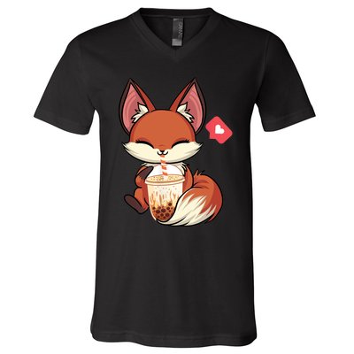 Kawaii Anime Fox Drinking Boba Bubble Tea Japanese Gift V-Neck T-Shirt