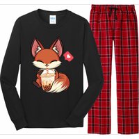 Kawaii Anime Fox Drinking Boba Bubble Tea Japanese Gift Long Sleeve Pajama Set