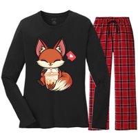 Kawaii Anime Fox Drinking Boba Bubble Tea Japanese Gift Women's Long Sleeve Flannel Pajama Set 