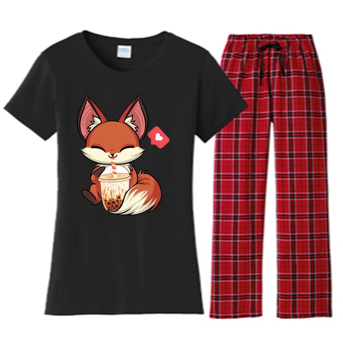 Kawaii Anime Fox Drinking Boba Bubble Tea Japanese Gift Women's Flannel Pajama Set