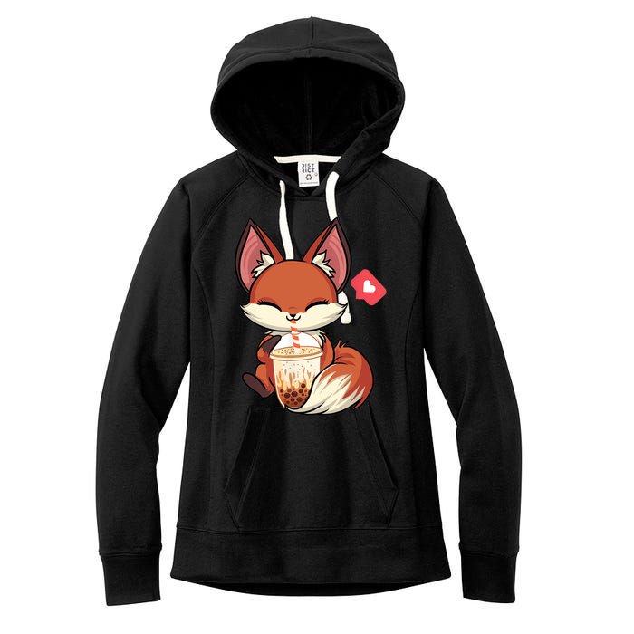 Kawaii Anime Fox Drinking Boba Bubble Tea Japanese Gift Women's Fleece Hoodie