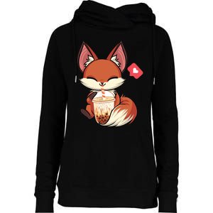 Kawaii Anime Fox Drinking Boba Bubble Tea Japanese Gift Womens Funnel Neck Pullover Hood