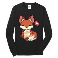 Kawaii Anime Fox Drinking Boba Bubble Tea Japanese Gift Tall Long Sleeve T-Shirt