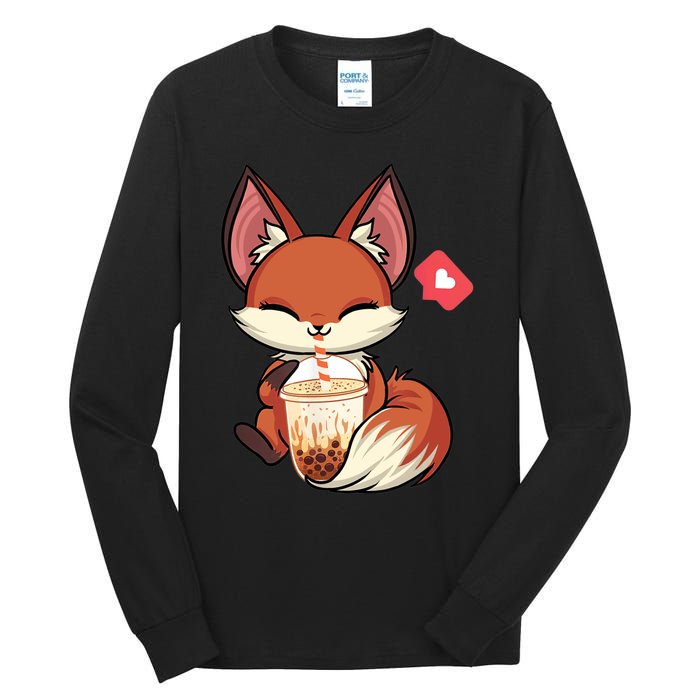 Kawaii Anime Fox Drinking Boba Bubble Tea Japanese Gift Tall Long Sleeve T-Shirt