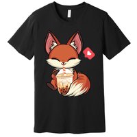 Kawaii Anime Fox Drinking Boba Bubble Tea Japanese Gift Premium T-Shirt