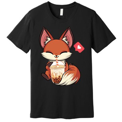 Kawaii Anime Fox Drinking Boba Bubble Tea Japanese Gift Premium T-Shirt