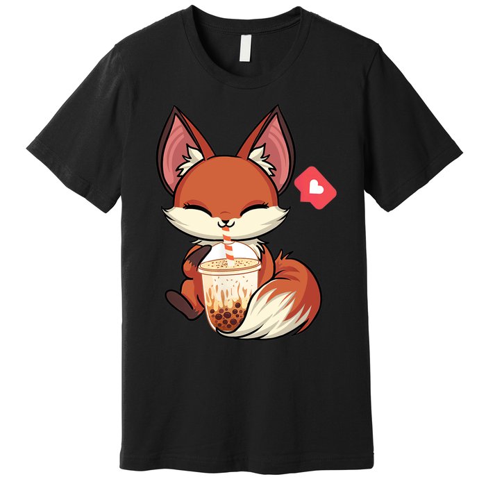 Kawaii Anime Fox Drinking Boba Bubble Tea Japanese Gift Premium T-Shirt