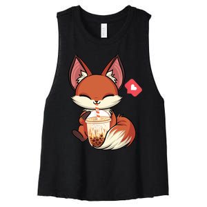 Kawaii Anime Fox Drinking Boba Bubble Tea Japanese Gift Women's Racerback Cropped Tank