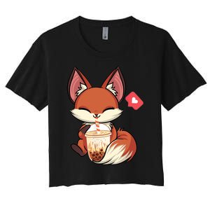 Kawaii Anime Fox Drinking Boba Bubble Tea Japanese Gift Women's Crop Top Tee