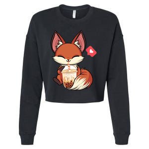 Kawaii Anime Fox Drinking Boba Bubble Tea Japanese Gift Cropped Pullover Crew