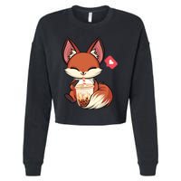 Kawaii Anime Fox Drinking Boba Bubble Tea Japanese Gift Cropped Pullover Crew