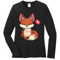 Kawaii Anime Fox Drinking Boba Bubble Tea Japanese Gift Ladies Long Sleeve Shirt