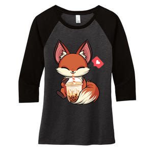 Kawaii Anime Fox Drinking Boba Bubble Tea Japanese Gift Women's Tri-Blend 3/4-Sleeve Raglan Shirt