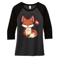 Kawaii Anime Fox Drinking Boba Bubble Tea Japanese Gift Women's Tri-Blend 3/4-Sleeve Raglan Shirt