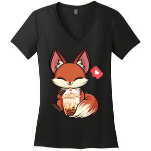 Kawaii Anime Fox Drinking Boba Bubble Tea Japanese Gift Women's V-Neck T-Shirt