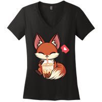 Kawaii Anime Fox Drinking Boba Bubble Tea Japanese Gift Women's V-Neck T-Shirt