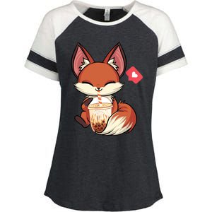 Kawaii Anime Fox Drinking Boba Bubble Tea Japanese Gift Enza Ladies Jersey Colorblock Tee