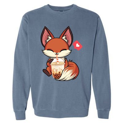 Kawaii Anime Fox Drinking Boba Bubble Tea Japanese Gift Garment-Dyed Sweatshirt