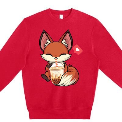 Kawaii Anime Fox Drinking Boba Bubble Tea Japanese Gift Premium Crewneck Sweatshirt