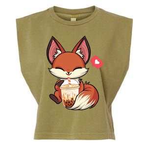 Kawaii Anime Fox Drinking Boba Bubble Tea Japanese Gift Garment-Dyed Women's Muscle Tee