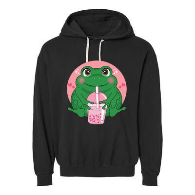 Kawaii Anime Frog Drinking Boba Tea Bubble Tea Cute Japanese Garment-Dyed Fleece Hoodie