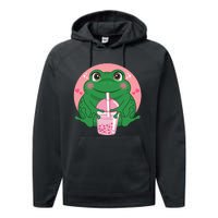 Kawaii Anime Frog Drinking Boba Tea Bubble Tea Cute Japanese Performance Fleece Hoodie