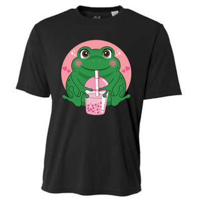 Kawaii Anime Frog Drinking Boba Tea Bubble Tea Cute Japanese Cooling Performance Crew T-Shirt