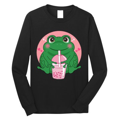 Kawaii Anime Frog Drinking Boba Tea Bubble Tea Cute Japanese Long Sleeve Shirt