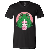 Kawaii Anime Frog Drinking Boba Tea Bubble Tea Cute Japanese V-Neck T-Shirt