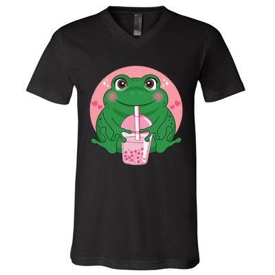 Kawaii Anime Frog Drinking Boba Tea Bubble Tea Cute Japanese V-Neck T-Shirt